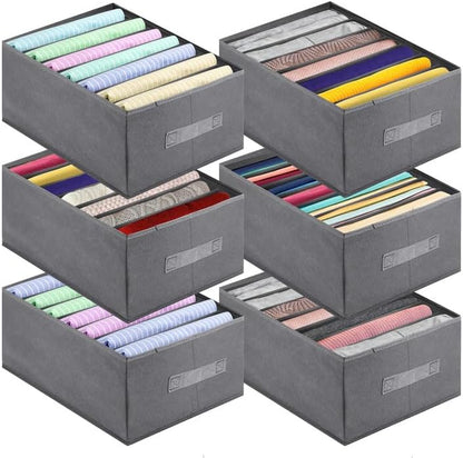 Jeans Organizer for Closet, Foldable Wardrobe Clothes Organizer with Handle, Stackable Closet Clothes Drawer Organizer Tshirts with 7 Grids for Leggings, Sweater, Jean, Pants, Grey (6 PACK)