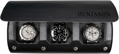DailyWatch | Personalized Watch Roll Travel Case For 3 Watches - Handmade Genuine Leather Travel Case With Custom Engraving of Name or Initials -