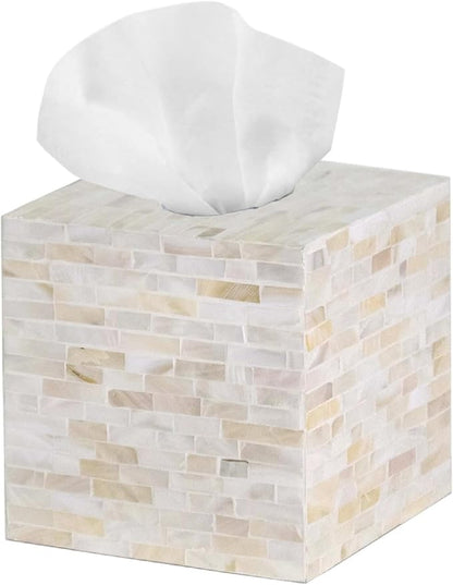 PEMAR Handcrafted Wooden Tissue Box Cover for Small Cube Tissue Boxes Only (Max Inner Size 4.7”) – Mother of Pearl Inlay Decorative Tissue Holder for Bathroom, Living Room & Office (Milano)