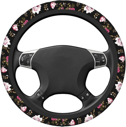 Peony Flower Steering Wheel Cover Women Men Elastic Stretch Soft Car Wheel Protector Universal Breathable No-Slip Car Accessories for Truck Van SUV Auto Fit 14-15 Inches
