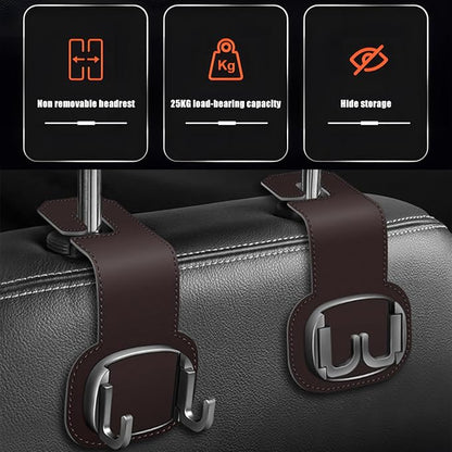 Car Headrest Hooks, 2PCS Foldable Double Vehicle Back Seat Organizer Hanging Holder for Purse Coat Umbrella, Automotive Interior Seatback Storage Hanger Accessories, Universal Fit (Brown)