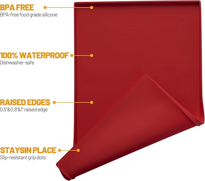 Hubulk Dog Feeding Mat,100% Waterproof Food Grade Silicone Pet Food and Water Bowl Placemat,Dishwasher, High Raised Edge to Prevent Spills,Nonslip Tray to Stop Messes on Floor（28"x18"x0.8", Red）