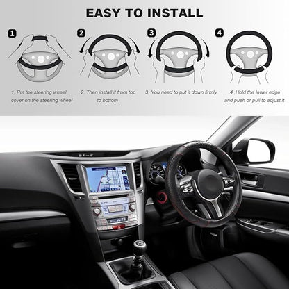 Car Steering Wheel Cover, 15 Inch Carbon Fiber Elastic Vehicle Steering Wheel Protector, Breathable Leather Auto Wheel Covers for Women Men, Interior Car Accessories (Black)