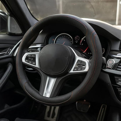 HZEL Car Steering Wheel Cover, 15 Inch Leather Comfortable Vehicle Steering Wheel Protector with Inner Rring, Anti-Slip Automotive Interior Accessories, Universal for SUV RV Truck (Black/Orange)