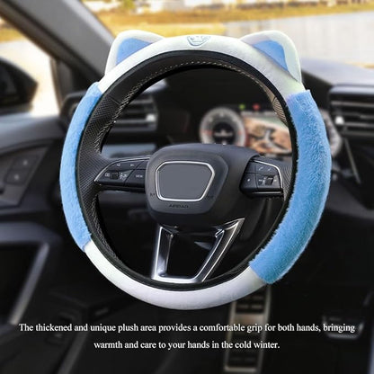Car Steering Wheel Cover, 15 Inch Fluffy Soft Plush Auto Protector, Anti-Slip Elastic Lovely Car Cover Accessories with Kitty Cat Ears Universal for Most Vehicles (Fluffy-White+Blue)