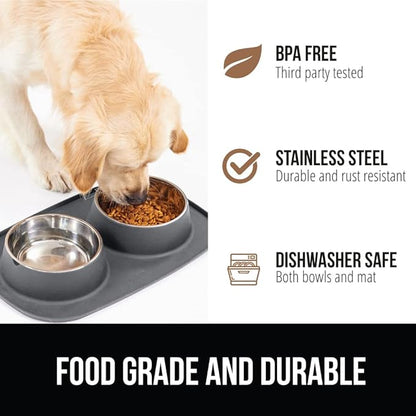 GORILLA GRIP Feeding Mat Set, 4 Cup, Patent Pending 100% Waterproof BPA Free Silicone, Stainless Steel Cat and Dog Bowls, Slip Resistant, High Edges Catch Water Food, US Designed Pet Accessories, Gray