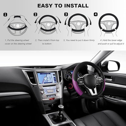 Car Steering Wheel Cover, 15 Inch Carbon Fiber Elastic Vehicle Steering Wheel Protector, Breathable Leather Auto Wheel Covers for Women Men, Interior Car Accessories (Black & Purple, AD)