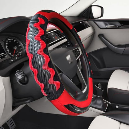 Sport Grip Car Steering Wheel Cover for Men Women, Non-Slip Breathable Carbon Fiber PU Leather Steering Wheel Protector 14.5~15 inch, Rubber Inner
