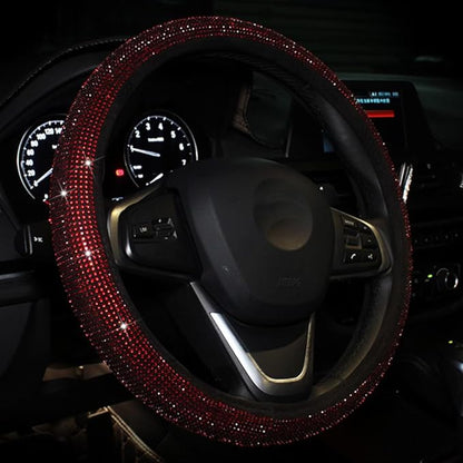 Car Bling Steering Wheel Cover for Women Girls Burgundy 15 Inch Universal Red Crystal Rhinestone Diamonds Bling Bling Accessories Anti-Slip Wheel Protector