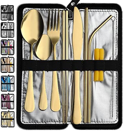VANDBAO Camping Utensils Set, Portable Travel Utensils with Case for Fixing Tableware, Reusable Stainless Steel Stable Cutlery Set, Lunch Picnic Flatware Silverware (Gold Set)