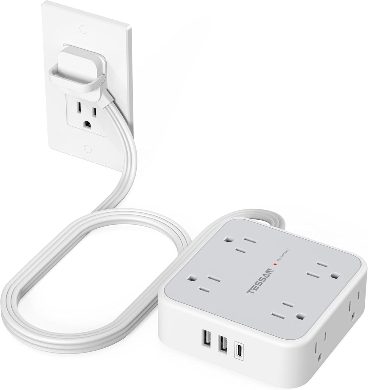 Surge Protector Power Strip, TESSAN 5 FT Flat Extension Cord with 8 AC Outlets 3 USB Ports (1 USB C), 900 Joules Protection, 3-Sided Wall Plug Extender, Desk Charging Station for Office, Dorm