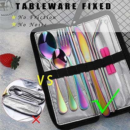 VANDBAO Camping Utensils Set, Portable Travel Utensils with Case for Fixing Tableware, Reusable Stainless Steel Stable Cutlery Set, Lunch Picnic Flatware Silverware (Rainbow Set)