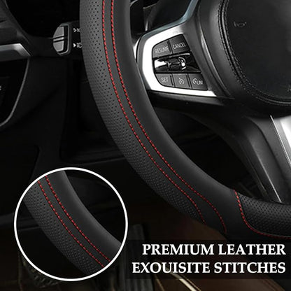 HZEL Car Steering Wheel Cover, 15 Inch Leather Comfortable Vehicle Steering Wheel Protector with Inner Rring, Anti-Slip Automotive Interior Accessories, Universal for SUV RV Truck (Black/Red)