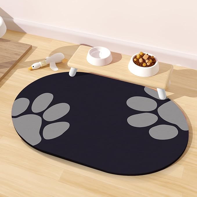 METEOROCK Pet Feeding Mat – 20''x12'' Absorbent Dog Food Mat, Pet Water Mats Protect Floor, No Stains Quick Dry Bowl Mats, Non-Slip Rubber Base Pets Placemats for Food and Water, Black Paw