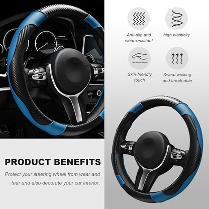 Car Steering Wheel Cover, 15 Inch Carbon Fiber Elastic Vehicle Steering Wheel Protector, Breathable Leather Auto Wheel Covers for Women Men, Interior Car Accessories (Black & Blue)