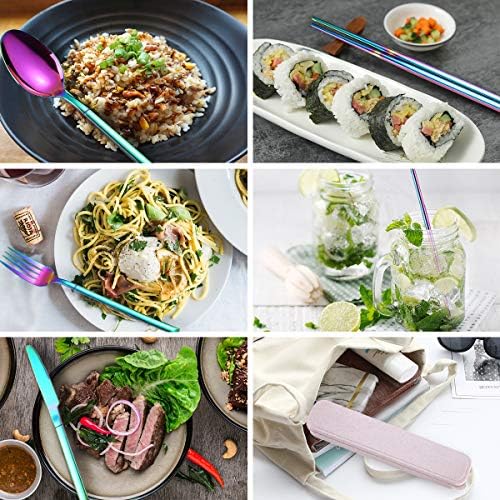 AARAINBOW 7 Pieces Stainless Steel Flatware Set Portable Reusable Cutlery Set Travel Utensils Set Including Chopsticks Knife Fork Spoon Straws Cleaning Brush Dishwasher Safe (Multicolored)