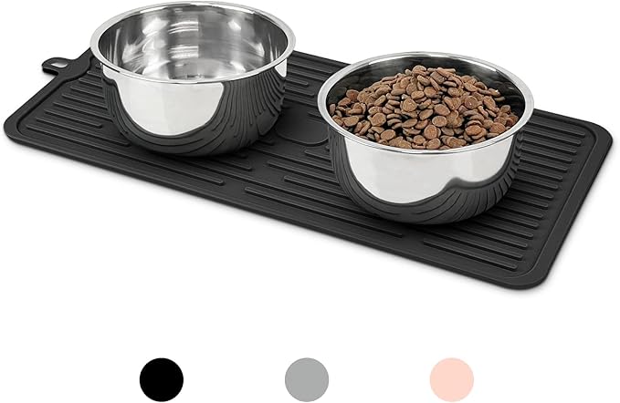 Ptlom Pet Placemat for Dog and Cat, Mat for Prevent Food and Water Overflow, Suitable for Medium and Small Pet, Black, Silicone