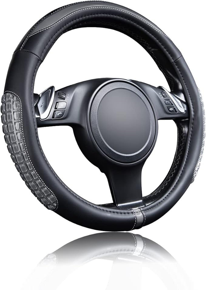 Flying Banner car Steering Wheel Cover Gel Massage Velvet Cool Warm Universal Size 15 inches SUV Truck Anti Slip Odorless Summer Winter (Black Gray, Gel Massage)