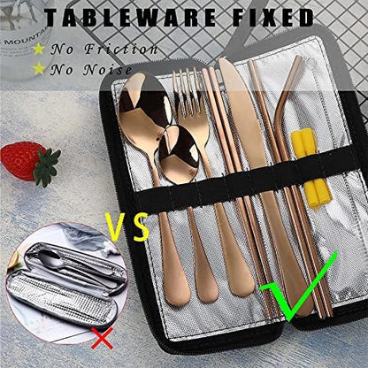 Portable Travel Utensils, Reusable Silverware with Case for Fixing Tableware, 9 Pieces Stainless Steel Stable Flatware Set, Camping Picnic Cutlery Set (Rose Gold Set)
