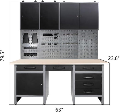 JZD Metal Garage Cabinet Combo Set with Wood Worktop, for Auto Repair Shops, Retail Backrooms