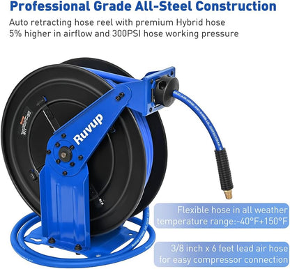 Ruvup Retractable Air Hose Reel, 3/8" x 75ft Air Compressor Hose Reel Auto Rewind Hybrid Hose Max 300PSI with 6.5ft Lead Hose Heavy Duty Steel Double Arm with 12-Position Ratchet Lock