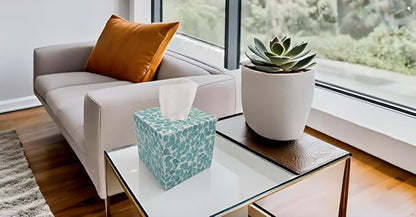 PEMAR Handcrafted Wooden Tissue Box Cover for Small Cube Tissue Boxes Only (Max Inner Size 4.7”) – Capiz Shell Inlay Decorative Tissue Holder for Bathroom, Living Room & Office (Teal Vines)