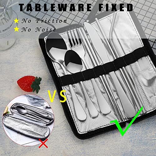 VANDBAO Portable Travel Utensils, Reusable Silverware with Case for Fixing Tableware, 9 Pieces Stainless Steel Stable Flatware Set, Camping Picnic Cutlery Set (Silver Set)