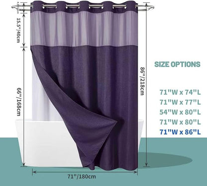 eachope Purple Extra Long No Hook Waffle Weave Shower Curtain with snap-in Liner Replacement, 230GSM Waterproof Fabric Hotel Shower Curtain Set for Bathroom, Through Mesh Top Window,71Wx86H