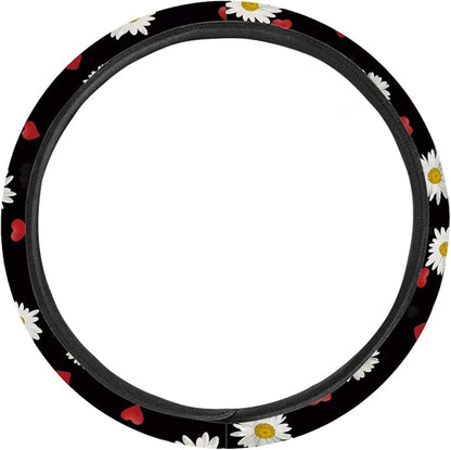 AFPANQZ Cute Daisy Pattern Steering Wheel Cover for Women Sweat Absorbing Non-Slip Steering Wheel Protection Case Machine Washable Universal White Flower on Black