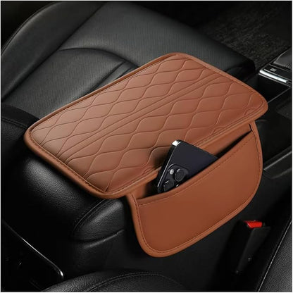 HZEL Car Center Console Cover, Scratch & Wear Resistant Soft Leather Vehicle Armrest Seat Box Cushion Pad with 2 Storage Bag, Waterproof Automotive Interior Protector, Universal Fit (Yellow)