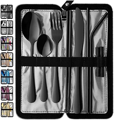 VANDBAO Portable Travel Utensils, Reusable Silverware with Case for Fixing Tableware, 9 Pieces Stainless Steel Stable Flatware Set, Camping Picnic Cutlery Set (Black Set)
