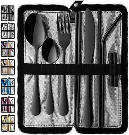 VANDBAO Portable Travel Utensils, Reusable Silverware with Case for Fixing Tableware, 9 Pieces Stainless Steel Stable Flatware Set, Camping Picnic Cutlery Set (Black Set)
