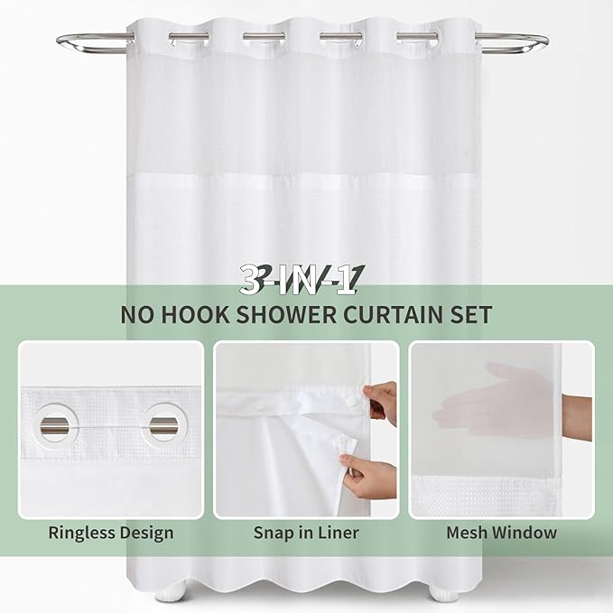 eachope Extra Long No Hook Shower Curtain with Snap-in Fabric Liner Set,White Waffle Weave Shower Curtains for Bathroom,Hotel Luxury Decor Bathroom Curtain Set,Waterproof & Washable,71Wx86H