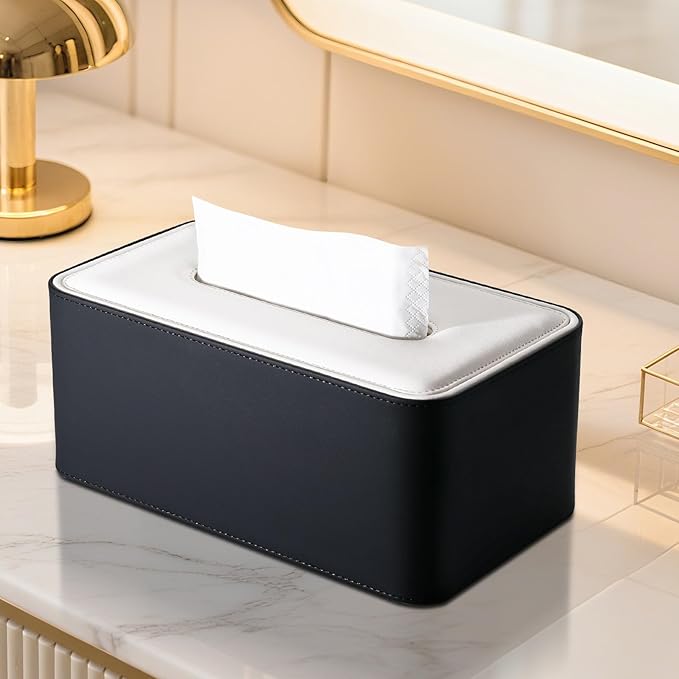 KINGFOM Tissue Box Cover, PU Leather Tissue Box Holder Rectangular, Modern Facial Tissue Paper Napkin Dispenser for Bathroom, Home, Office, Car Automotive Decoration with Magnetic Lid Black