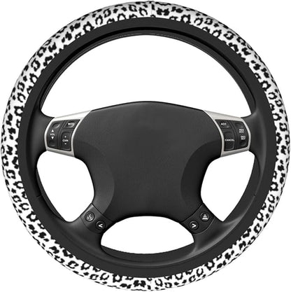 Gray Leopard Print Steering Wheel Cover Cheetah Animal Print Steering Wheel Cover Anti-Slip Breathable Universal for 15 Inch Car with 2 Pieces Car Coasters Suitable for Men Women
