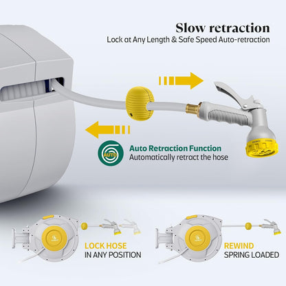 100 ft x 5/8" Retractable Garden Hose Reel, Heavy Duty Water Hose Reel Wall Mounted, Any Length Lock, 180°Swivel, Water Hose with 8-Function Nozzle for Cleaning, Watering(Yellow)
