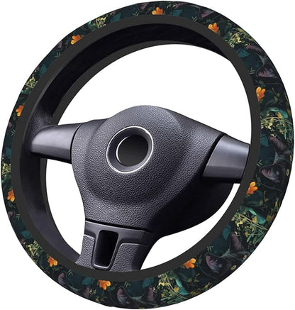 Car Steering Wheel Cover with Anti-Slip Lining, Universal 15 inch Wheel Cover, Fashion Car Interior Accessories for Women Men - Vintage Flower Black Cat