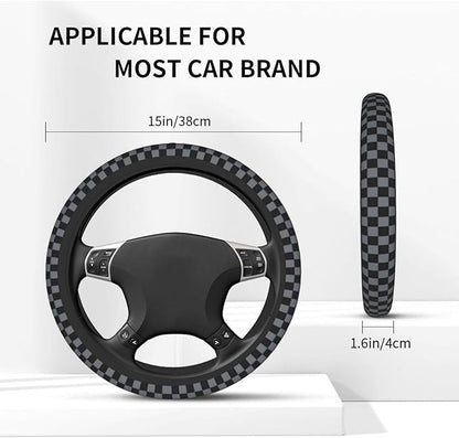 Checkered Steering Wheel Cover Gray - Checkered Black Gray Steering Wheel Cover Anti-Slip Breathable Universal 15 Inch Car with 2 Pcs Car Coasters Suitable Men Women