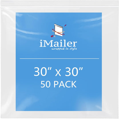 iMailer- 30" x 30" 50 Pack- 2 Mil Resealable Zip Bags- Clear Plastic Bags with Zip Top Lock for Storage, Organizing, Crafts, Travel