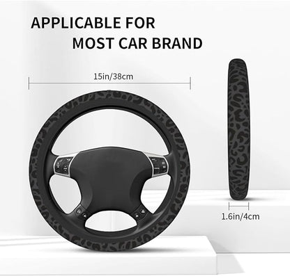Black Leopard Print Steering Wheel Covern Cheetah Animal Print Steering Wheel Cover Anti-Slip Breathable Universal for 15 Inch Car Steering Suitable for Men Women,with 2 Pieces Car Coasters