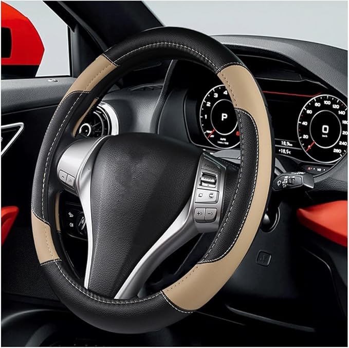 BELOMI Leather Car Steering Wheel Cover, Universal 15 Inch for Car Truck SUV, Non-Slip and Breathable, Sport Style Design Odorless Steering Wheel Protector, Automotive Interior Accessories (Beige)
