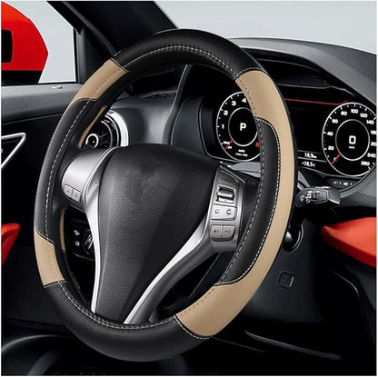 BELOMI Leather Car Steering Wheel Cover, Universal 15 Inch for Car Truck SUV, Non-Slip and Breathable, Sport Style Design Odorless Steering Wheel Protector, Automotive Interior Accessories (Beige)