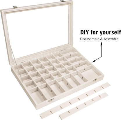 Velvet Jewelry Tray 48 Grid Jewelry Display Tray Organizer Box with Transparent Lid Rings Earrings Necklaces Pendants Display Box Suitable for Women and Girls (Beige)