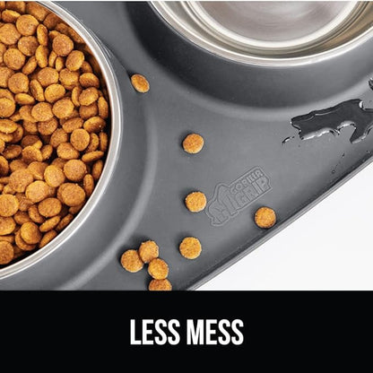 GORILLA GRIP Feeding Mat Set, Patent Pending 100% Waterproof BPA Free Silicone, Stainless Steel Cat and Dog Bowls, Slip Resistant, High Edges Catch Water Food, US Designed Pet Accessories, 1 Cup Gray