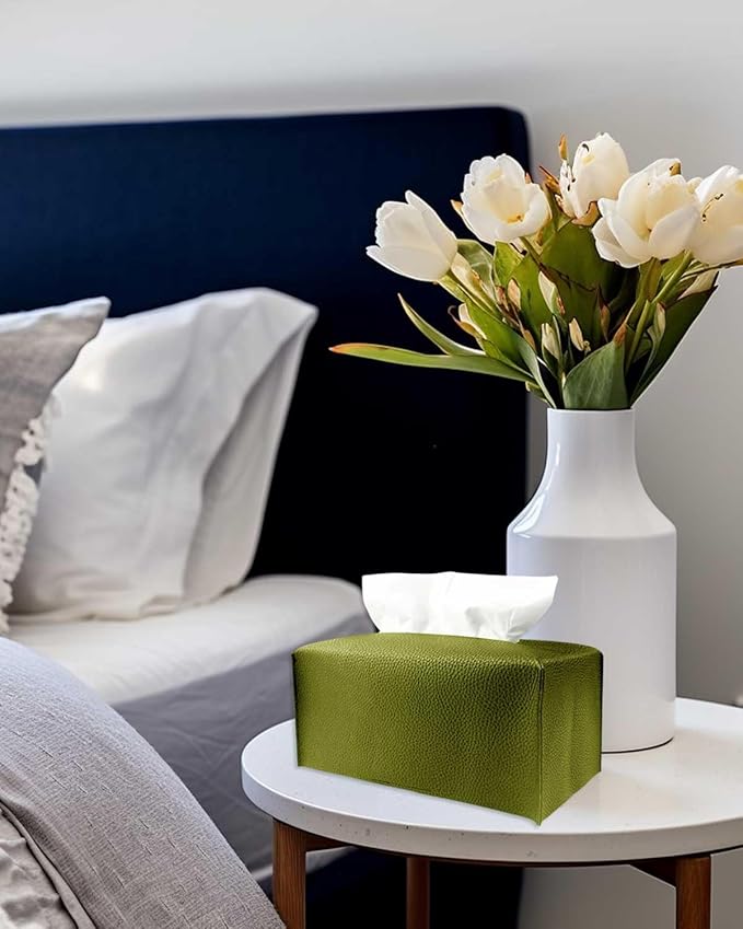 JESMINI Green Rectangular Tissue Box Cover - Plus Size Large, Faux Leather, Minimalist Style, 9.5x5x5 Inches