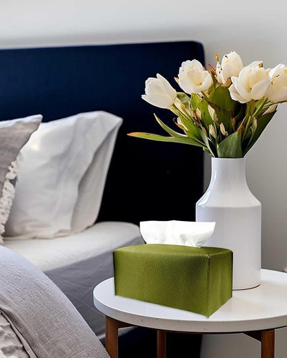JESMINI Green Rectangular Tissue Box Cover - Plus Size Large, Faux Leather, Minimalist Style, 9.5x5x5 Inches