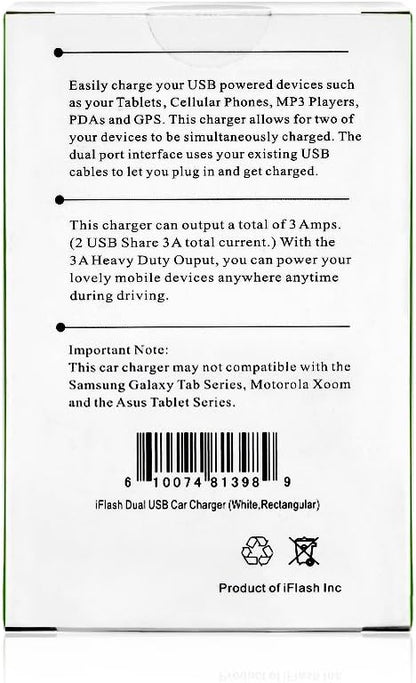 iFlash Dual USB Car Lighter Charger Adapter with 3A Output - fast Heavy Duty Ouput - Support Apple iPad Pro / Air 2 / mini 2/3/4 iPhone X / 8 Plus / 7 / 6S Plus / 6 / SE /5S (White)