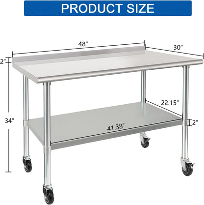 HARDURA Stainless Steel Table 30 x 48 Inches with Wheels Casters NSF Heavy Duty Commercial Prep Table with 2” Backsplash and Adjustable Undershelf for Restaurant Kitchen Home and Hotel