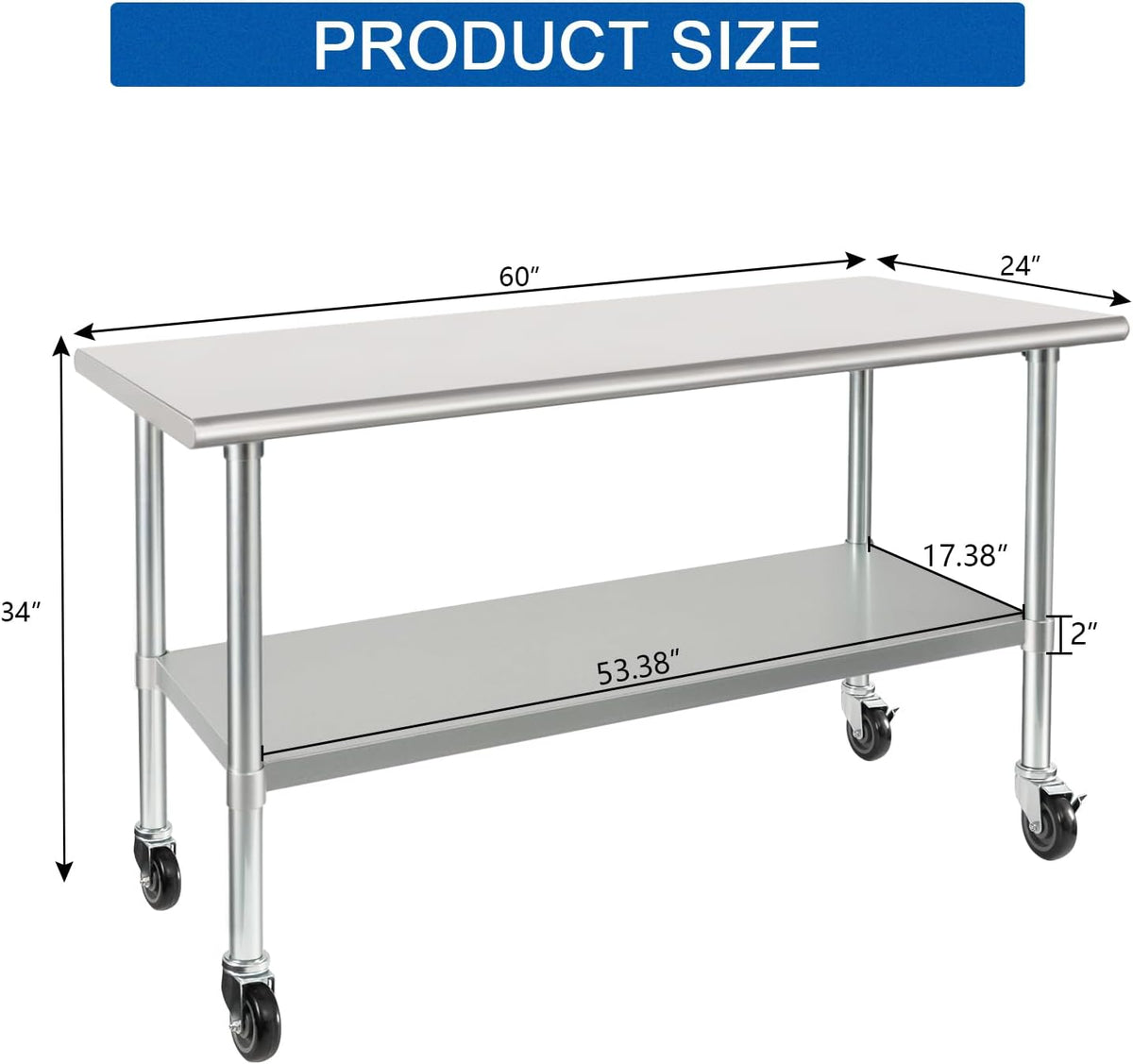 HARDURA Stainless Steel Table with Wheels 24 x 60 Inches Casters NSF Heavy Duty Commercial Work & Prep Table with Undershelf and Galvanized Legs for Restaurant Kitchen Bar and Hotel Garage