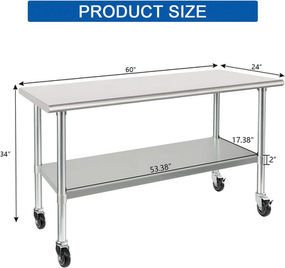 HARDURA Stainless Steel Table with Wheels 24 x 60 Inches Casters NSF Heavy Duty Commercial Work & Prep Table with Undershelf and Galvanized Legs for Restaurant Kitchen Bar and Hotel Garage